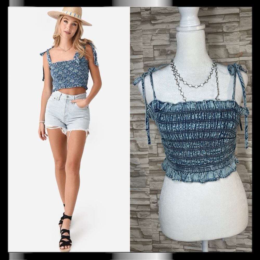 TULIP CREATIONS stretch denim cami tube top with tie shoulder Smocked Crop top